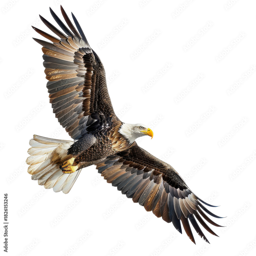 Obraz premium Bald eagle in flight, detailed raptor bird illustration with spread wings, realistic wildlife animal graphic for logos and posters isolated PNG with Transparent Background