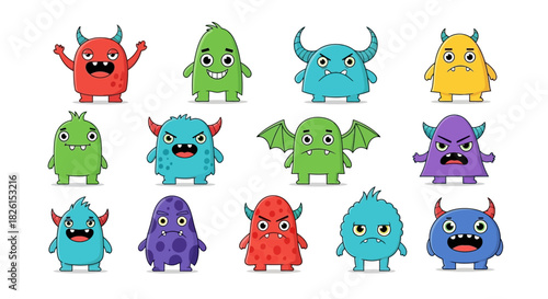 Collection of adorable cartoon monster characters, fun vector illustration and design element