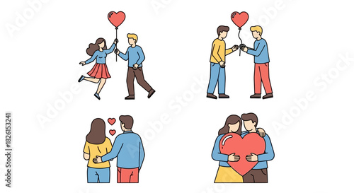 Cute couples are in love together holding heart balloons and embracing each other.