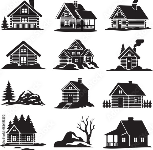 Black and white log cabins illustration set isolated on white background
