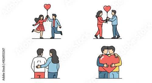Love and Romance: Cartoon Couples Embracing, Sharing Hearts, and Enjoying Affectionate Moments