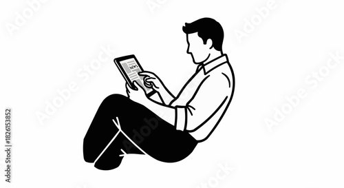 Man sitting and using a tablet device, focused on digital content.