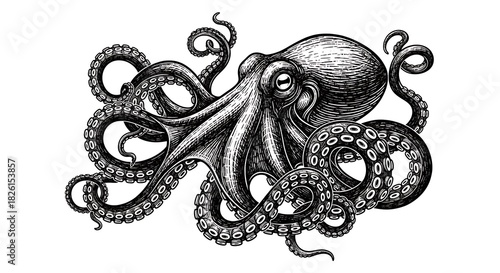 Vintage engraving illustration of a detailed octopus with many tentacles isolated on white background