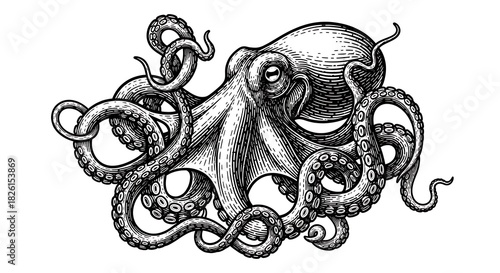 Vintage engraving illustration of an octopus with many tentacles isolated on white background