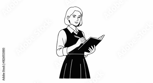Woman in uniform taking notes in a notebook.