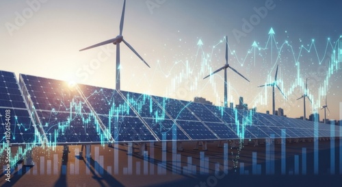 Solar panels and wind turbines generating renewable energy with rising stock market graph overlaying the scene