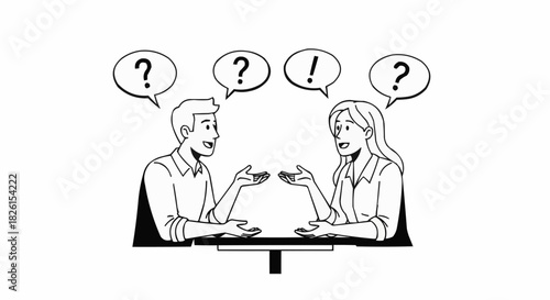 A man and a woman engaged in a difficult conversation with question marks.