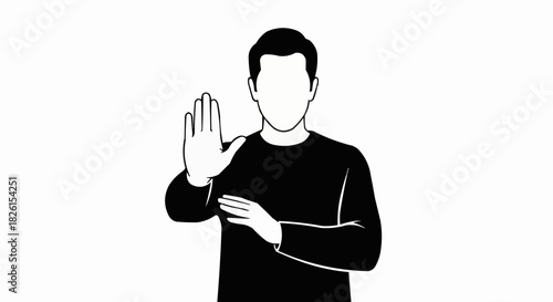 Man showing stop gesture with his hand, black and white illustration.