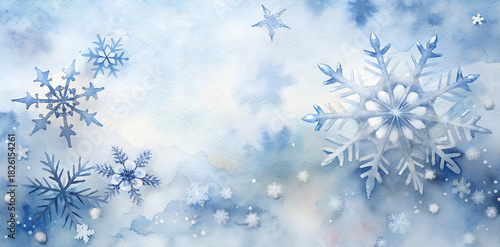 Wallpaper Mural Soft watercolor background in various shades of blue and white, featuring a cluster of stylized snowflakes of different sizes. Conveys peace, cold, and a handcrafted holiday feel Torontodigital.ca