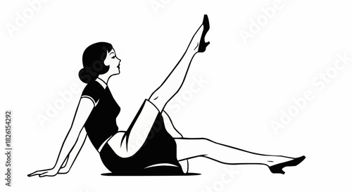 Vintage Woman Stretching Leg in Retro Style Illustration.