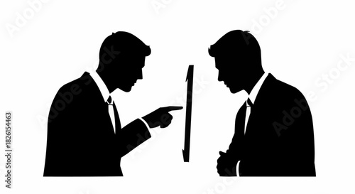 Two business people silhouettes interacting with a digital interface.