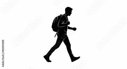 Silhouette of a man walking with a backpack on a white background.