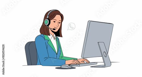 Customer service representative working on computer with headset providing support.