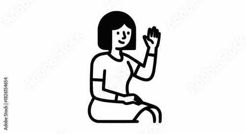 Simple line art illustration of a woman sitting and waving hello.