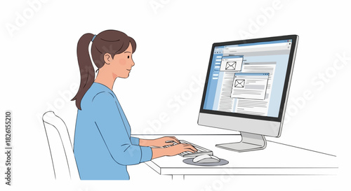 Young woman typing on a computer keyboard at a desk.