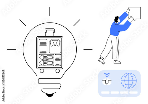 Travel innovation. Travel-related ideas ed with smart packing solutions and modern connectivity . Travel simplified using smart innovations and tech solutions. For tourism, tech, planning