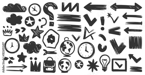 A collection of hand-drawn doodle elements including arrows, clocks, stars, clouds, symbols, check marks, brush strokes, and sketch icons, perfect for creative designs, presentations, and graphic proj