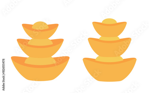 Chinese gold ingots Stacked clipart set.
Gold Ingot yuanbao flat vector illustration.
Chinese lunar new element.
White background.