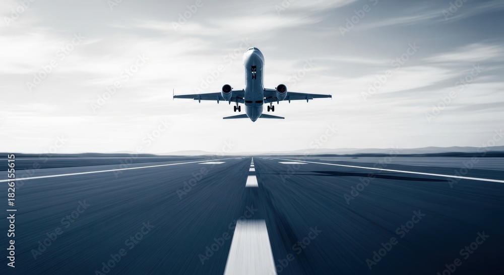 Obraz premium A modern jet airliner gracefully ascends, taking flight from a blurred runway, soaring against a cloudy sky, showcasing the thrill of aviation and travel