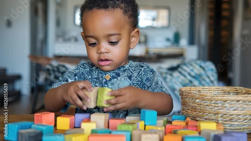 Joyful African American toddler explores colorful building blocks in a bright indoor space during playtime