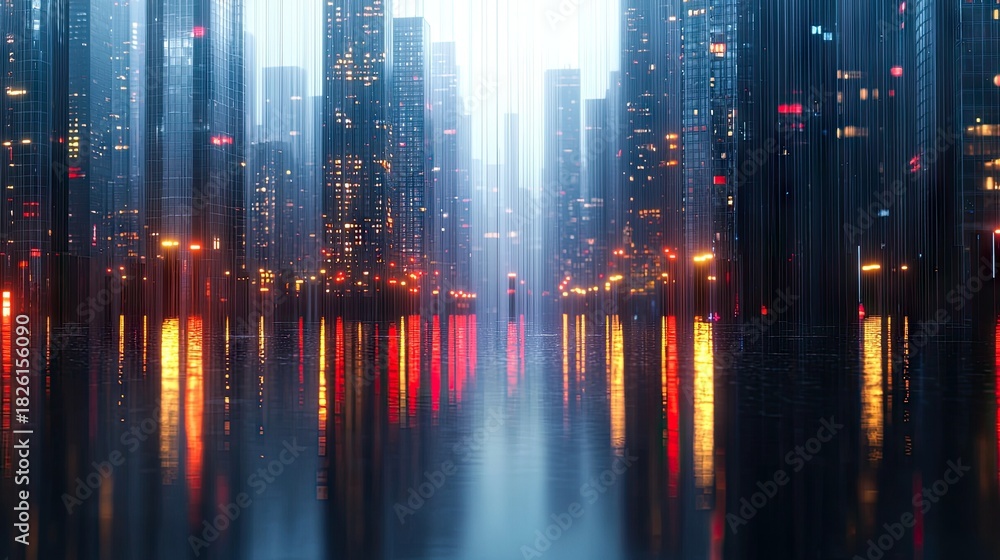 Fototapeta premium A futuristic cityscape at night, with towering skyscrapers illuminated by city lights and their reflections shimmering on a wet surface.