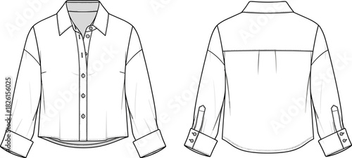 Cropped button-down shirt technical flat sketch, long sleeve blouse template, fashion design illustration for garment construction, apparel pattern making and production