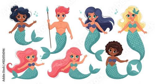 Set of cartoon mermaid characters vector illustration for children's book and design elements