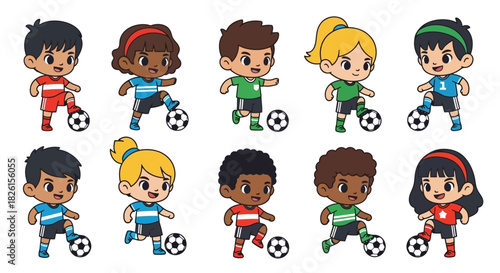 Delightful Cartoon Kids Playing Soccer in a Vector Illustration Set for Sports and Recreation