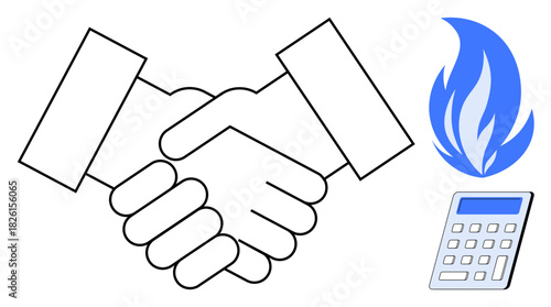 Two hands shaking representing partnership, alongside a calculator for financial focus, and a blue flame symbolizing risk or crisis. Ideal for business, collaboration, finance, planning, trust