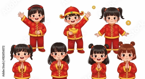 Cheerful Chinese New Year Kids in Traditional Clothing: A Delightful Vector Illustration
