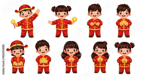 Adorable Chinese New Year kids in traditional outfits, spreading joy and celebration with gold