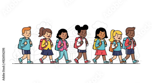 Diverse group of students walking to school with backpacks on a sunny day illustration