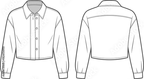 Cropped long sleeve button down shirt fashion template with front and back flat sketch, vector garment design illustration for apparel development