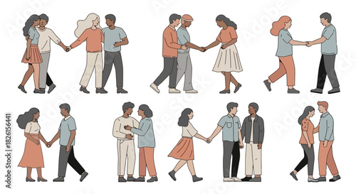 Diverse couples holding hands, vector illustration showcasing inclusivity and loving relationship