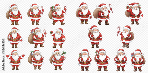 A collection of watercolor Santa Claus illustrations in various poses, some holding gifts or candy canes, perfect for Christmas designs.