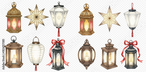 A collection of watercolor illustrations featuring various festive lanterns and decorative star lights.