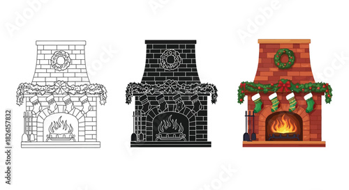 Christmas fireplace set in three styles outline, silhouette, and colorful decorated hearth