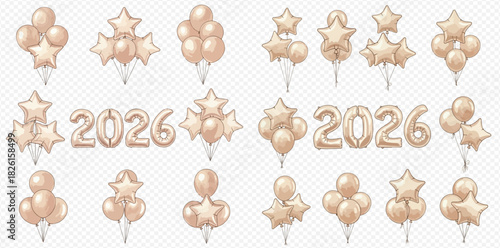 Collection of beige and gold balloons in various shapes including stars and round, with 2026 numbers, on a transparent background.