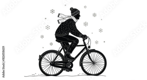 A person wearing a hat and scarf rides a bicycle through falling snowflakes in winter