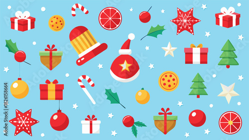 cheerful Christmas design filled with diverse holiday elements such as wreaths, bells, and stockings in bright hues..eps