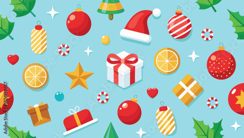 colorful Christmas-themed pattern showcasing an assortment of holiday items, including trees, stars, and candy canes..eps