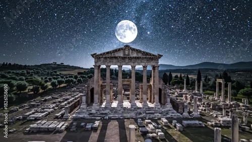 Ancient ruins illuminated by a full moon under a starry sky