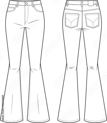 Flared jeans fashion flat sketch, denim trousers technical drawing, women bootcut pants vector template with pockets, stitching details and waistband design