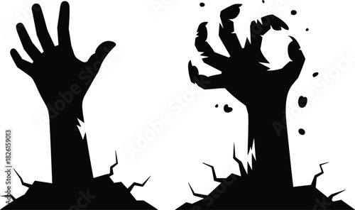 Set of Two Zombie Hands Silhouette, Monster Hand Rising from Cracked Ground, Halloween Horror Spooky Grave Monochrome Vector Graphic
