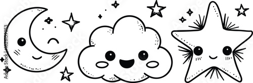 Astronomy icon set with moon stars shooting star sun cloud constellation symbols, minimal black celestial vector collection for night sky illustration, cosmic graphic design elements