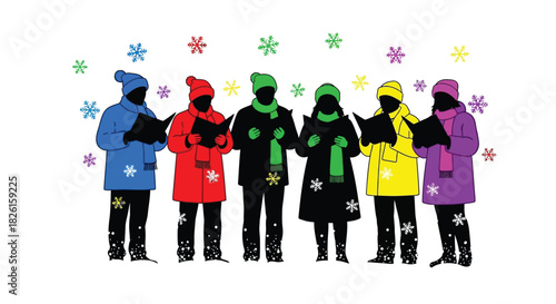 Colorful silhouette of a diverse group of carolers singing in winter attire with falling snowflakes