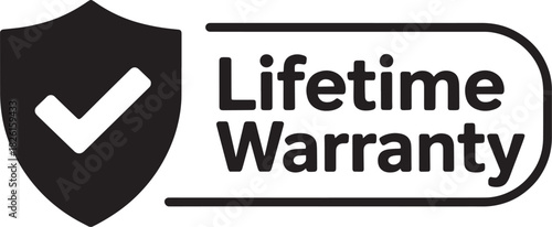 Black shield icon with checkmark next to lifetime warranty text badge