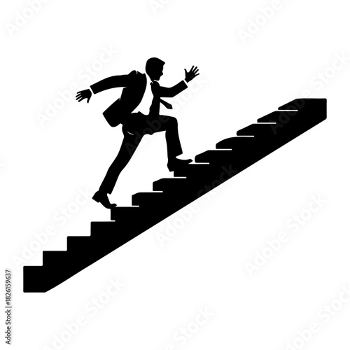 Silhouette of a man in a suit climbing up a flight of stairs on white