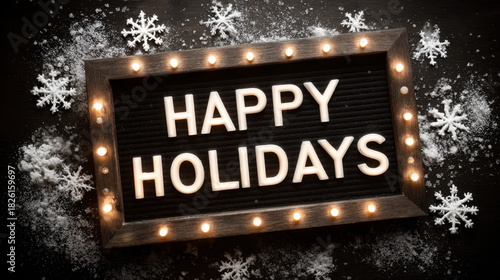 Festive happy holidays sign with warm lights, wooden frame, snowflakes and scattered snow on a dark background