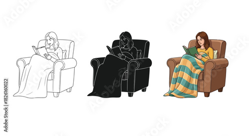 Illustrations of a woman reading in an armchair under a blanket line art, silhouette, and colored versions